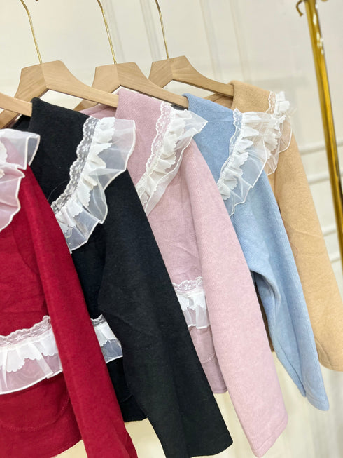 Ladies Aesthetic Frill Lace Border Winter Cardigan